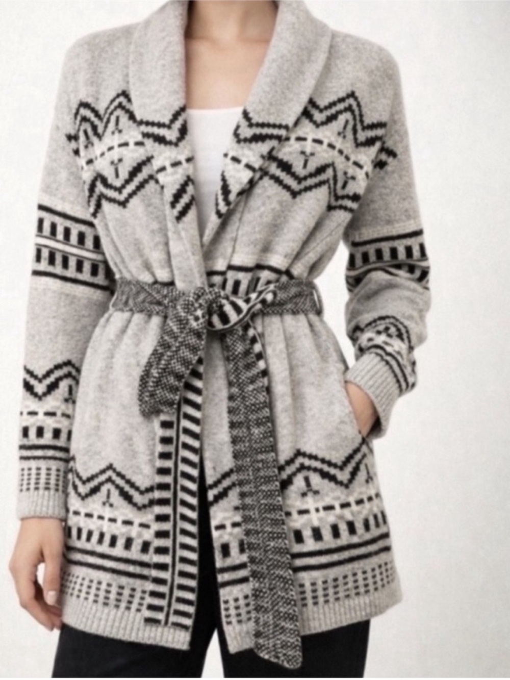 Wool Blend Women’s Gray Patterned Shawl Collar Belted Sweater Cardigan